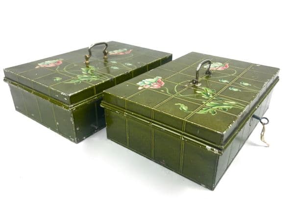 Vintage Metal Storage Tins / Deed Box / Cash Boxes / Art Nouveau Flower Design